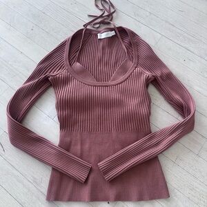 Jonathan Simkhai Mauve Ribbed Long-Sleeve Halter Top
